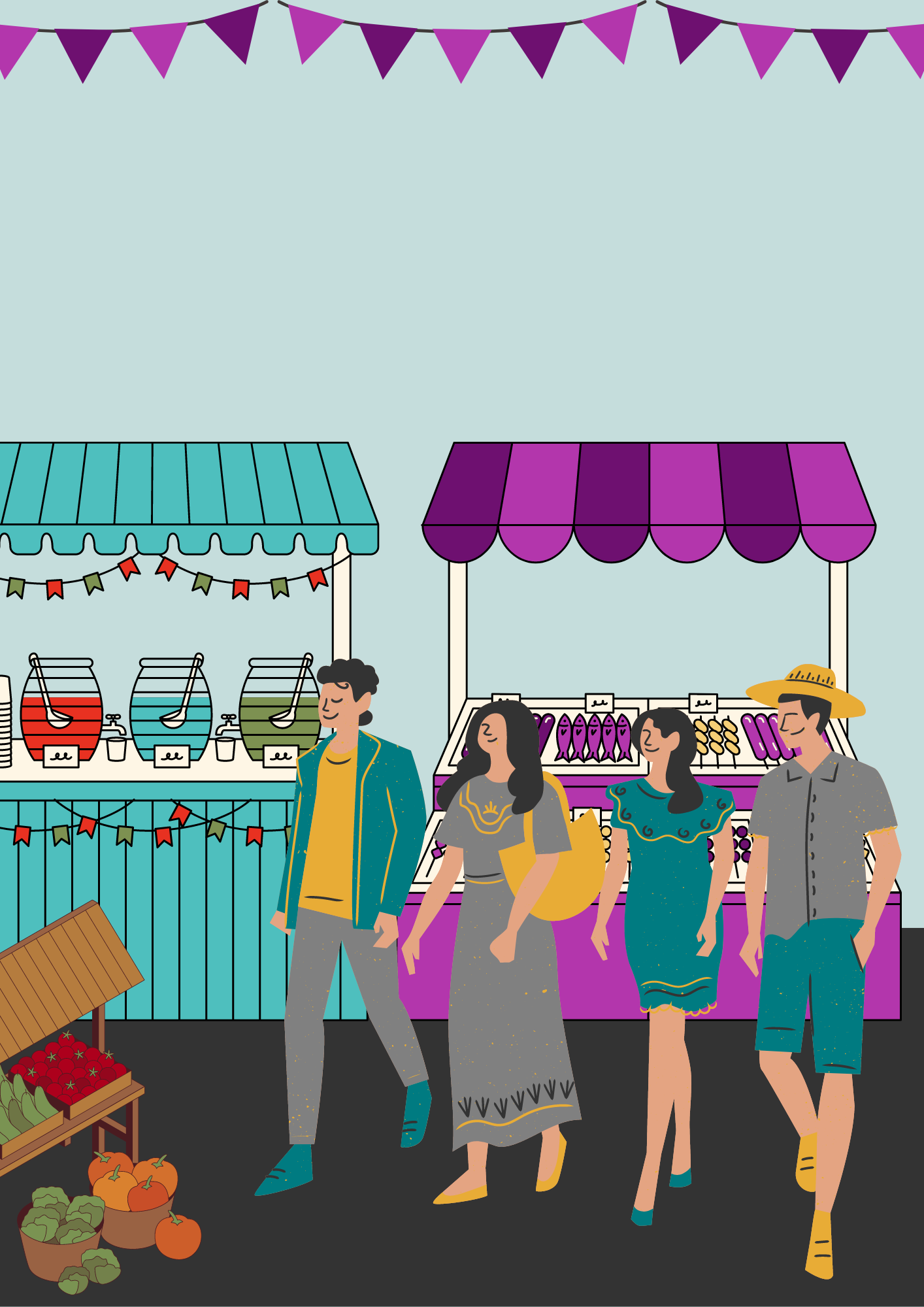 Colorful, playful illustration of a pop-up market.