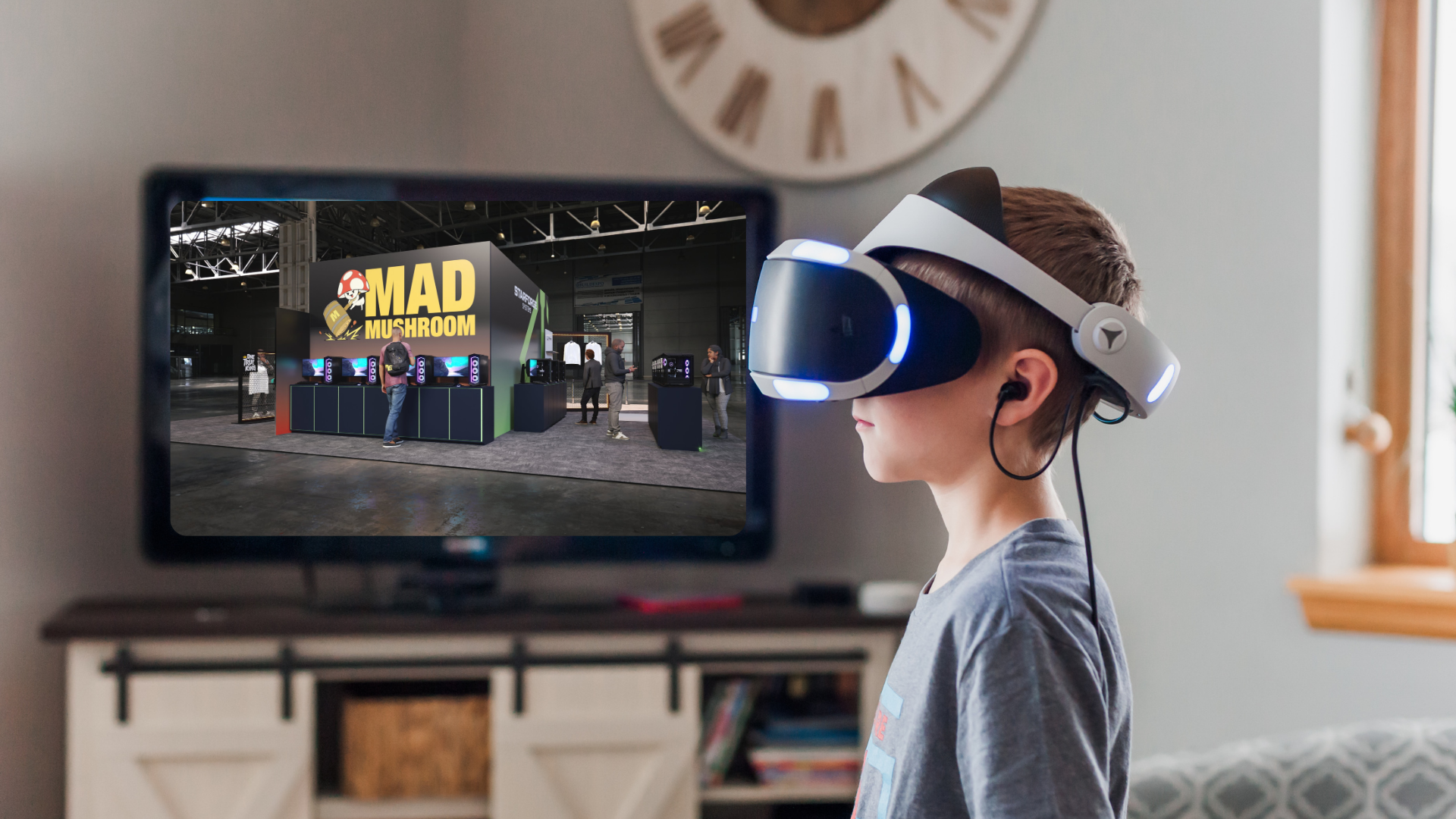 Child immersed in virtual reality explores the vibrant world of a video game expo from the comfort of their own home.