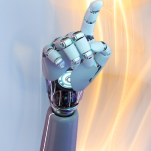 Custom Trade Show Booth— How Much Do They Cost? Robot hand gesturing with index finger, symbolizing innovation and anticipation for CES 2025.