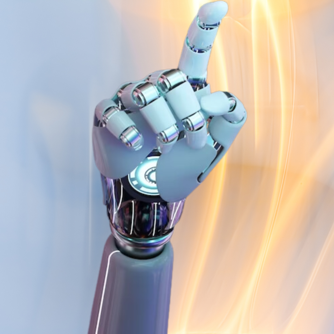 Robot hand gesturing with index finger, symbolizing innovation and anticipation for CES 2025.