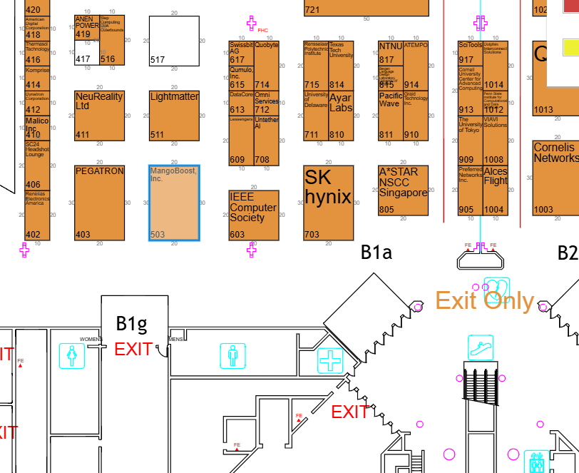 Floor plan of a trade show, displaying the layout of booths in varying sizes, with labeled sections and aisles for easy navigation